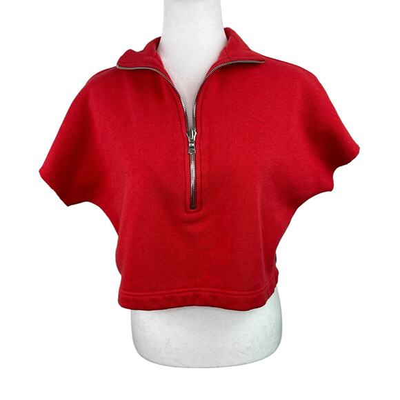 Good American Cherry Red 3/4 Zip Short Sleeve Cropped Sweatshirt 0/XS Oversized - Picture 2 of 13